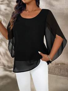 SHEIN LUNE Camicetta elegante in chiffon con maniche a palloncino per taglie forti