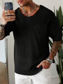 Manfinity Homme Men's Solid Color Round Neck Short Sleeve Pocket Casual Knit Sweater Pullover Sweater Men Men Knit Tops Knit Top Men