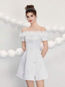 Poshira Vestido mini de mujer con hombros descubiertos y decoración de moño, vestido apropiado para invitada de boda, fiesta de noche y cumpleaños. Vestidos mini elegantes para mujer, vestidos de fiesta, vestidos lindos para mujer, vestido de fiesta para damas, vestidos de cumpleaños para mujer, vestidos de cóctel para mujer, vestido de graduación