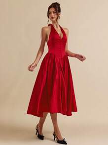 SHEIN BAE 节日优雅法式连衣裙红色连衣裙情人节约会装芭蕾舞裙甜美吊带裙情人节服装女士夏季服装//春季服装//情人节服装//海滩度假服装 - 酒紅色 - 查看 3