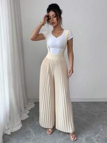 女士褶皱吊带简约通勤裤 - 杏色 - 查看 5