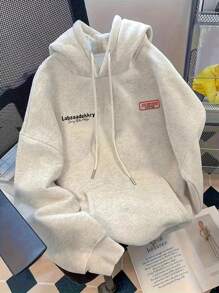 INAWLY Women's Casual Everyday Letter Print Drop Shoulder Kangaroo Pocket Drawstring Hoodie - Light Grey - View 2
