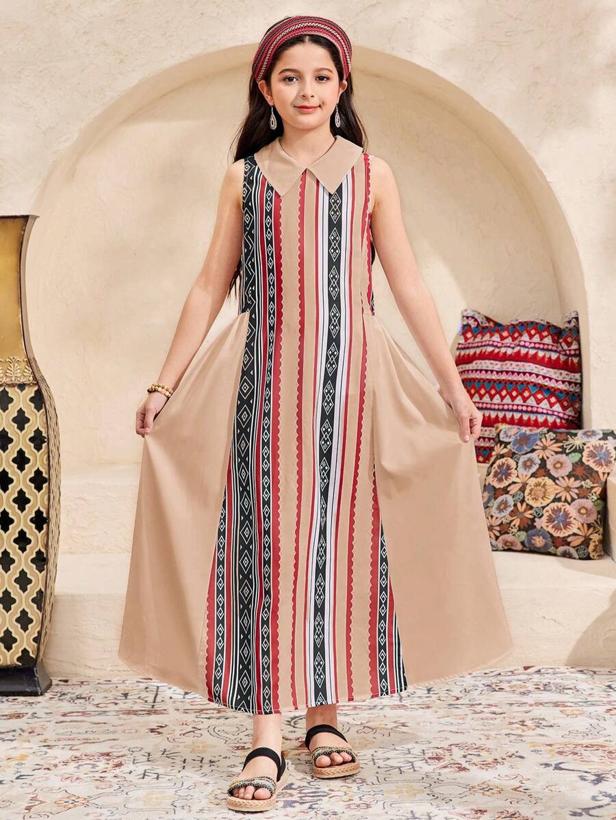 SHEIN Vestito senza maniche da ragazza pre-adolescente, casual ed elegante, con colletto e motivo retrò a colori - Beige - Visualizzare 1