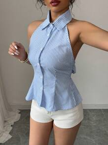 Elenzga Boho Style Backless Tie-Knot Blue & White Stripe Crop Top, Suitable For Music Festival In Spring/Summer - Blue - View 6