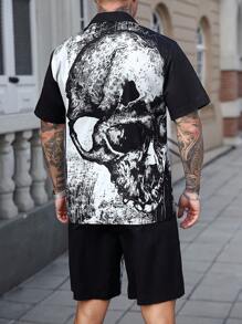 Manfinity Roghcode 2pcs Men's Printed Short Sleeve Single-Breasted Shirt And Shorts Set - Black - View 3