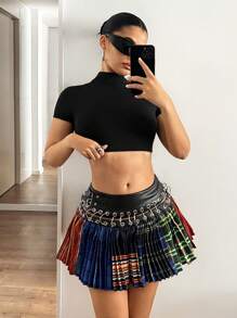 SHEIN ICON 美国复古街头风格低腰 PU 腰带格子迷你裙 - 彩色 - 查看 4