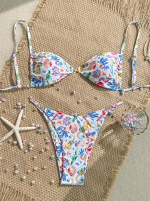 Swim Mod 2pcs/Set Summer Holiday Random Graphic Print Spaghetti Strap Bandeau Top And Bikini Bottom Sexy Women Swimwear - Multicolor - View 1