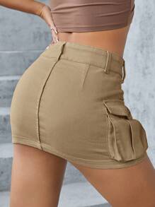 SHEIN ICON 女士休闲低腰超短工装口袋牛仔半身裙 - 卡其色 - 查看 2
