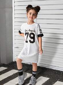 Wildeya Mädchen American Street Style Lässiges Baseball-Team gestreiftes Ziffern-Muster Rundhals Kurzarm Kurzes Kleid