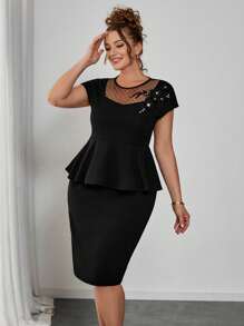 SHEIN Clasi 大码女式花卉装饰拼布波尔卡圆点网眼上衣和中长裙优雅两件套