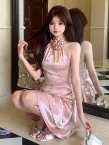 DAZY 3D Floral Decor Halter Satin Satin Cake Design Hollow-Out Backless Ladies Dress For Wedding & Banquet Summer Prom Dress Party Women Sundress