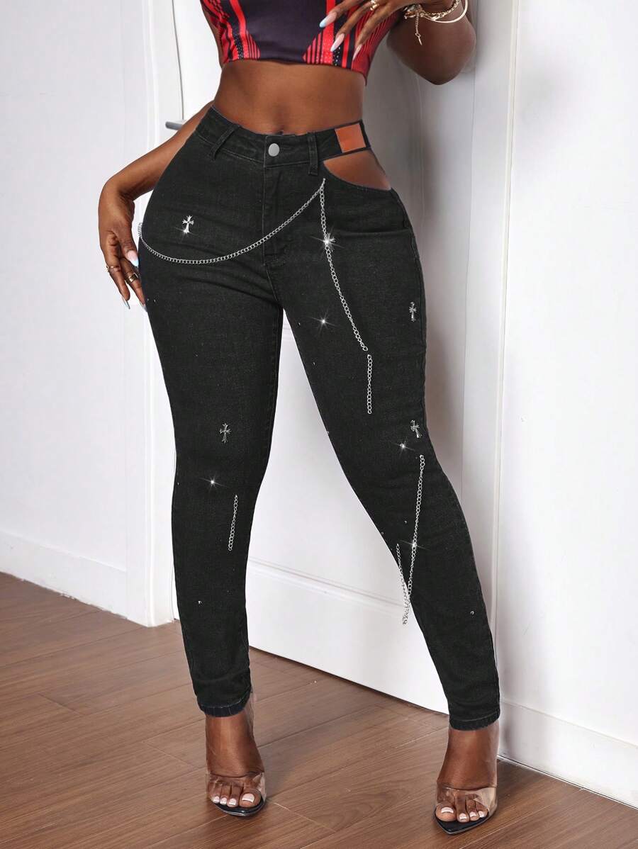 Slaydiva Women's Fashion Perforated Cross Chain Embellished Jeans - Black - View 1