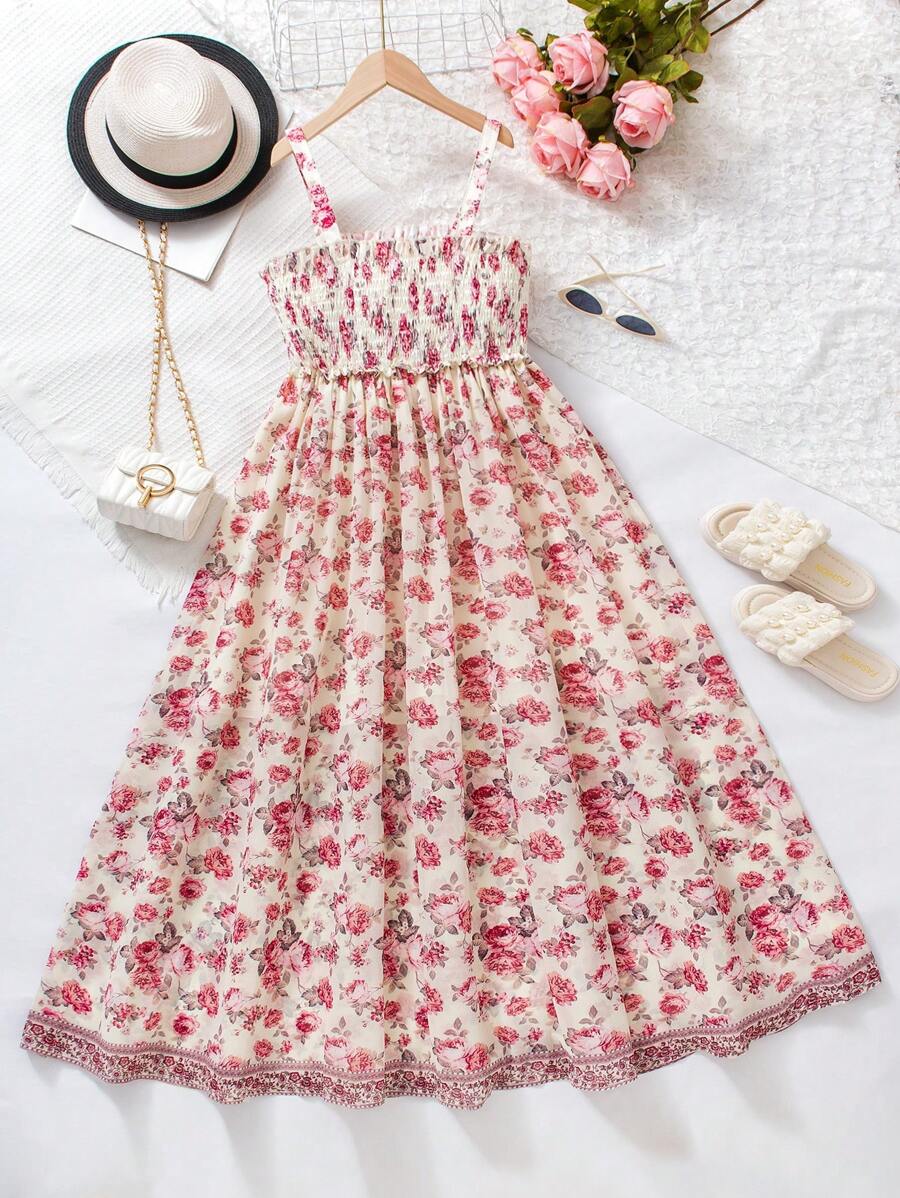 Vestido largo con tirantes y estampado floral para adolescentes, informal y cómodo para vacaciones