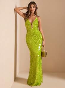 SHEIN BAE 深 V 领镂空系带修身奢华亮片连衣裙，适合女士，春夏，闪亮度假连衣裙，派对连衣裙 - 綠色 - 查看 1