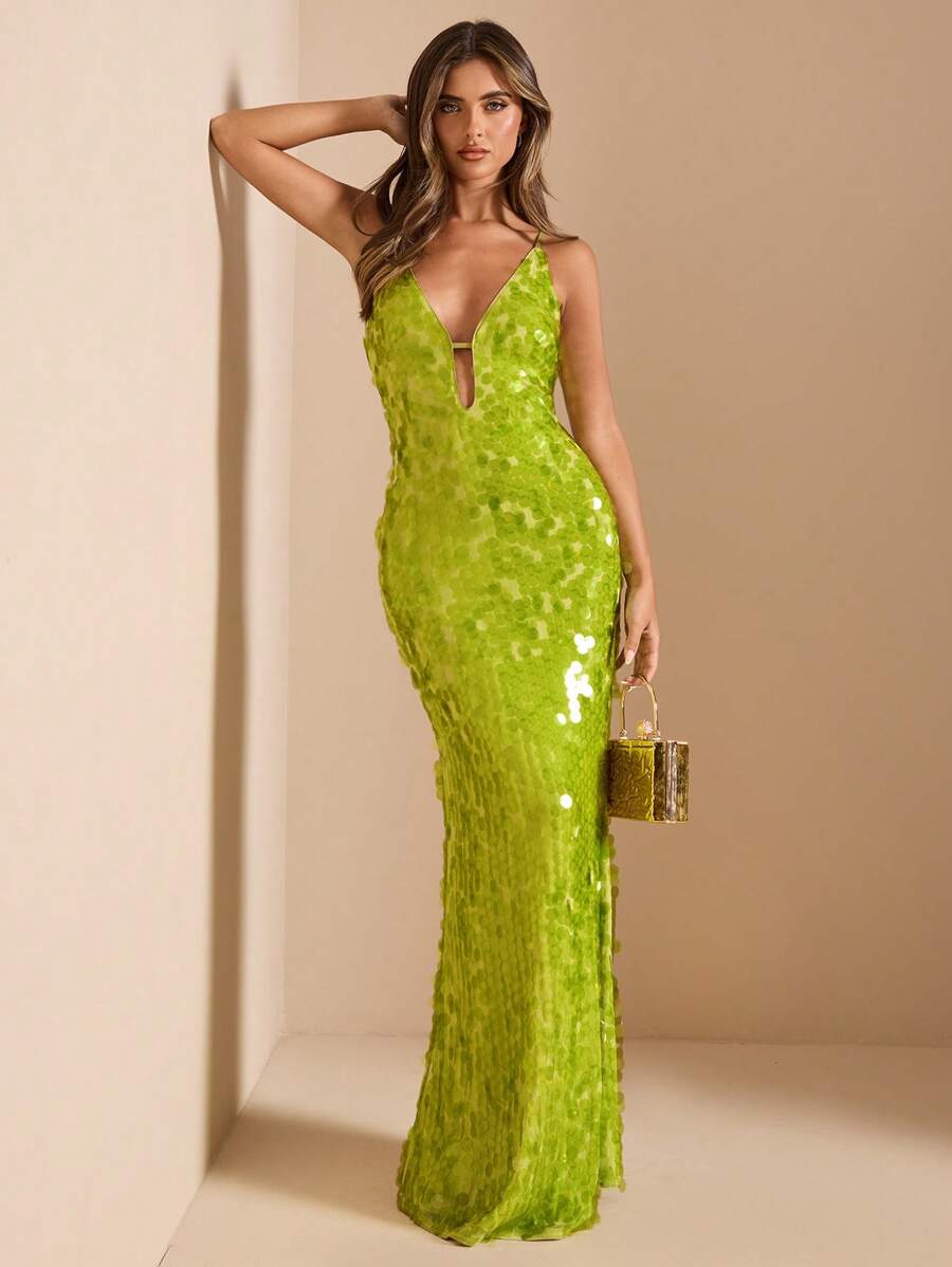 SHEIN BAE 深 V 领镂空系带修身奢华亮片连衣裙，适合女士，春夏，闪亮度假连衣裙，派对连衣裙 - 綠色 - 查看 1