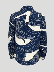 INAWLY Women's Long Sleeve Shirt With Fish Print Design & Button Details Fall Cloth For Women - Multicolor - View 2