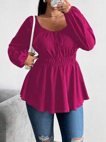 Flirla Plus Size Drawstring & Elastic Waist Front Button Long Sleeve Shirt Peplum Top