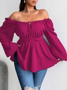 Flirla Plus Size Drawstring & Elastic Waist Front Button Long Sleeve Shirt Peplum Top