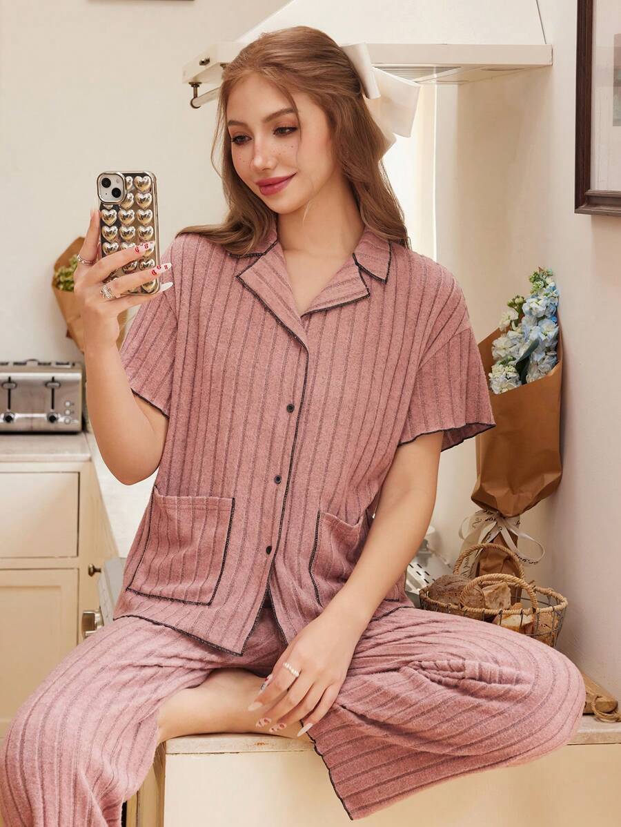 SHEIN Dozemod 少女和少女 2 件套休闲领扣口袋短袖上衣和罗纹针织裤睡衣套装