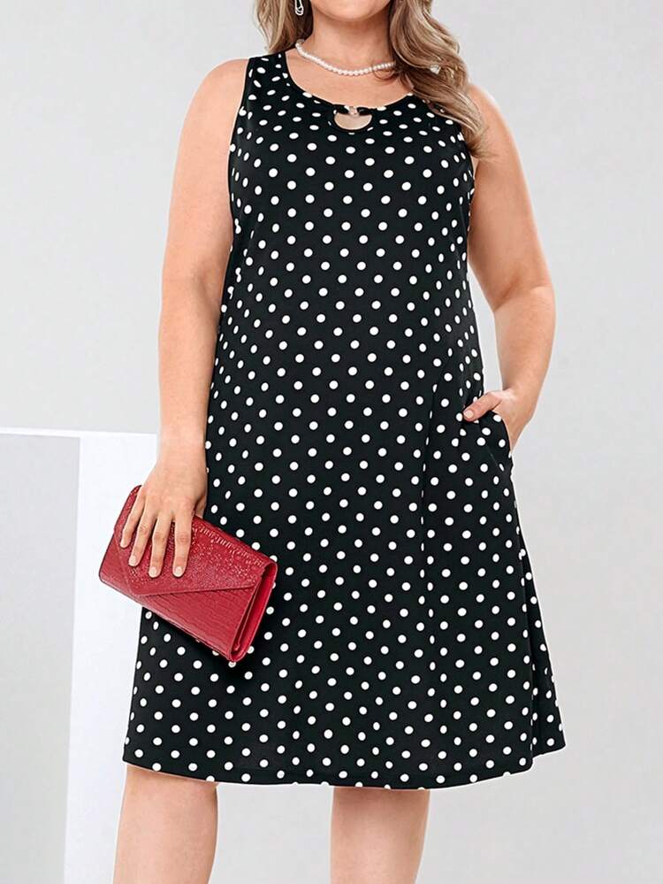Vestido casual sin mangas con bolsillos y estampado de lunares para mujer tallas grandes, atuendo de primavera para mujer, vestido elegante blanco para fiesta de novia
