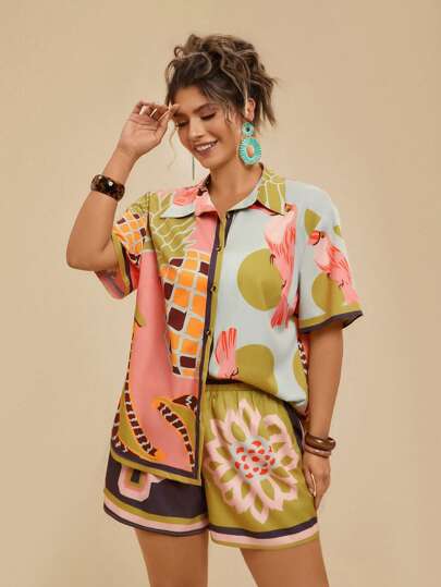 Travachic Plus Size Women's Holiday Casual Tropical Bohemian Fruit & Plant Printed Asymmetrical Short Sleeve Shirt Top + Beach Shorts 2pcs Set,Holiday Outfits Boho