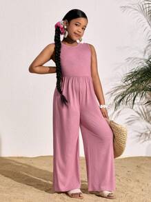 SHEIN Tween Girl Everyday Casual Solid Color Knit Crew Neck Sleeveless Jumpsuit - Pink - View 4