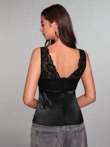 SHEIN BAE 女士性感蕾丝拼接缎面吊带背心，适合约会之夜、闺蜜聚会、生日派对、鸡尾酒会、情人节、夜店、节日派对等场合。 - 黑色 - 查看 2
