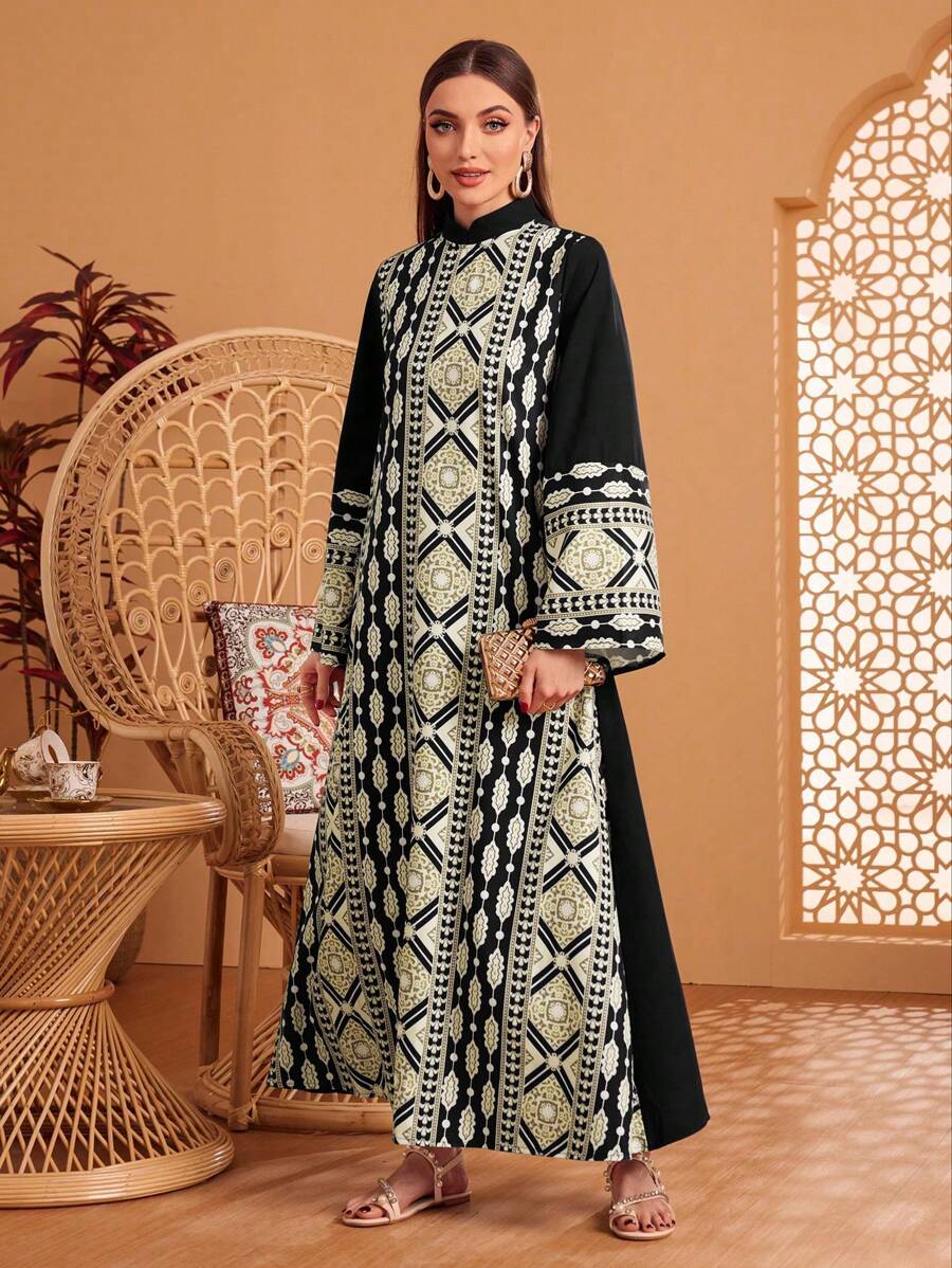 Al Najma Women's Geometric Print Stand Collar Flared Sleeve Loose Abaya Dress, Modest Kaftan