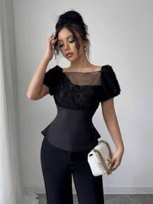 Elenzga Top court élégant unique français, chemise femme avec manches bouffantes à empiècement noir et taille cintrée, convient pour le travail, les rendez-vous, les fêtes, le carnaval, Pâques, les festivals de musique, le printemps/l'été