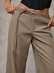 SHEIN BAE Women's Solid Gray Casual, Commuting, Daily Loose Fit Pants With Drawstring Waist & Eyelet Detail