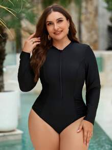 Plus Size Solid Color One-Piece Rash Guard For Beach & Surfing For Summer Beach Vacation - Black - View 5