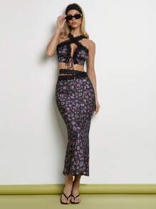 COSMINA Falda larga con encaje con estampado floral diminuto elegante para mujer, para primavera/verano