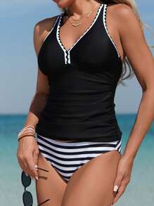 SHEIN Swim Lushore Women's 2 Pieces Tankini Swimwear Set With Flower Trim Solid Black Top And Striped Print Triangle Bottoms, Comfortable & Casual For Beach Vacation