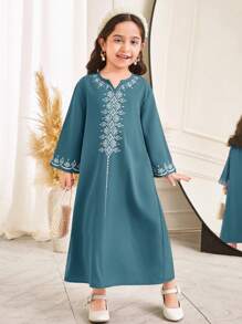 SHEIN Leap Crew Young Girl National Pattern Long Robe - Green - View 1