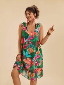 Travachic Plus Size Women Vacation Casual Tropical Plant Print Green Beach Cover Up Twist Shoulder Loose Dress, Summer Country Concert Outfit, Beach Dress, Holiday Clothes, Vacation Outfits Woman, Festival