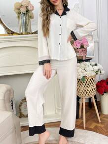 Contrast Color Puff Wrinkle Women Pajama Set - Multicolor - View 5