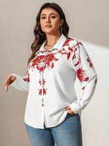 SHEIN LUNE Damen Große Größen Blume Muster, romantischer Urlaubsstil Weißer Blume Muster Langarmhemd, Damenmode für Valentinstag, elegante Mode