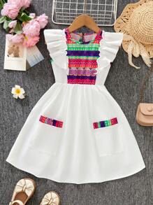 Young Girl Ruffle Trim Short Cap Sleeve Printed A-Line Dress - White - View 8