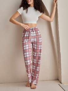 RueChic Women High Quality Soft Touch Viscosesontrast Colour Ribbon With Plaid Pattern Lounge Bottom - Multicolor - View 5