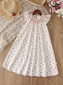 SHEIN Tween Girl' Ditsy Floral Princess Style Casual Dress, Spring/Summer Outdoor Childrenswear - Beige - View 2