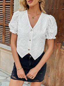 Breezaya Dames V-hals Wit Romantisch Vakantie Strand Casual Boho Reizen Muziek Festival Linnen Borduurwerk Geborduurd Doorschijnend Asymmetrische Zoom Knoop Pendelen Thuis Wit Pofmouw Lente En Zomer Nieuw Schattig Los Blouse Met Korte Mouwen