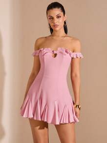 SHEIN BAE 早春女士优雅露肩荷叶边迷你连衣裙，纯粉色，适合派对、约会、与朋友聚会、度假 - 粉色 - 查看 6