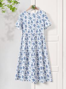 Rusticease Women Floral Allover Print Round Neck Short Sleeve Casual Dress