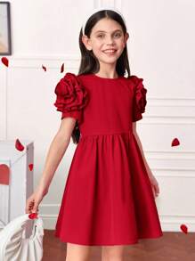 SHEIN Tween Girl Solid Color Rose Flower Ruffle Hem Zipper Short Sleeve Dress
