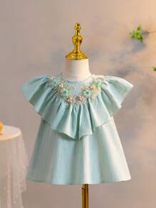 SHEIN 年轻女孩宽松衬衫，带 3D 花朵装饰、圆领和荷叶边 - 薄荷綠 - 查看 2