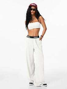 Coolane Oversize Street Stylish Versatile Women's Vintage Color Block Y2K Midriff-Baring Long Pants 2 Pieces Set - White - View 7