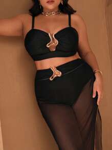 Swim Oasis 3 件/套大码女式 Oasis 高端黑色紧身胸衣上衣，配有可拆卸肩带、金色配饰、高腰裤套装，搭配黑色网眼纱笼，夏日海滩度假 - 黑色 - 查看 2