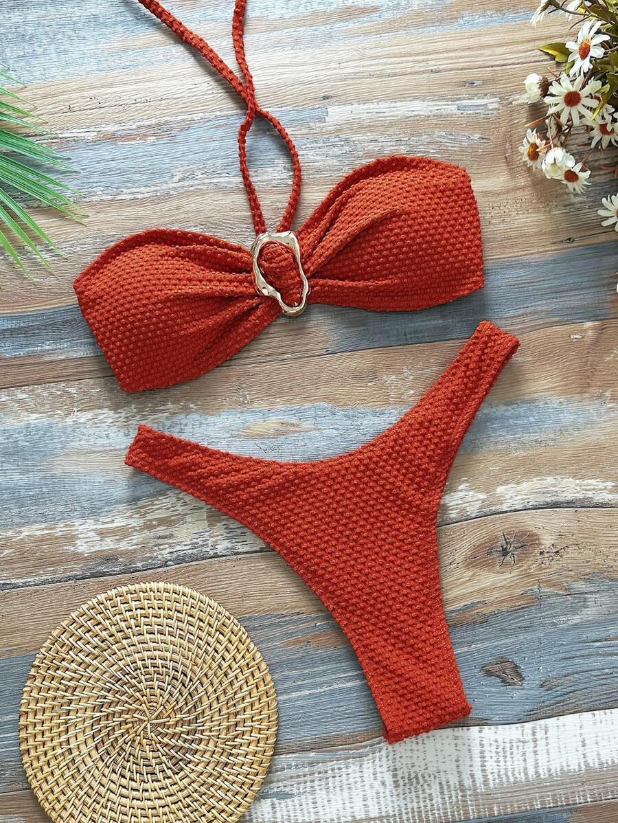 SHEIN Swim 女士海滩夏季服装，纯色纹理面料抹胸吊带金属装饰高腰泳裤海滩度假比基尼套装