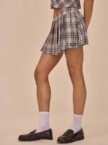 MUSERA 格纹优雅休闲可爱迷你裙，百褶设计，甜美可爱 - 彩色 - 查看 3