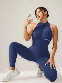 SHEIN Cheerettes 女士立领露背拉链无袖紧身运动连体裤 - 藏蓝色 - 查看 4